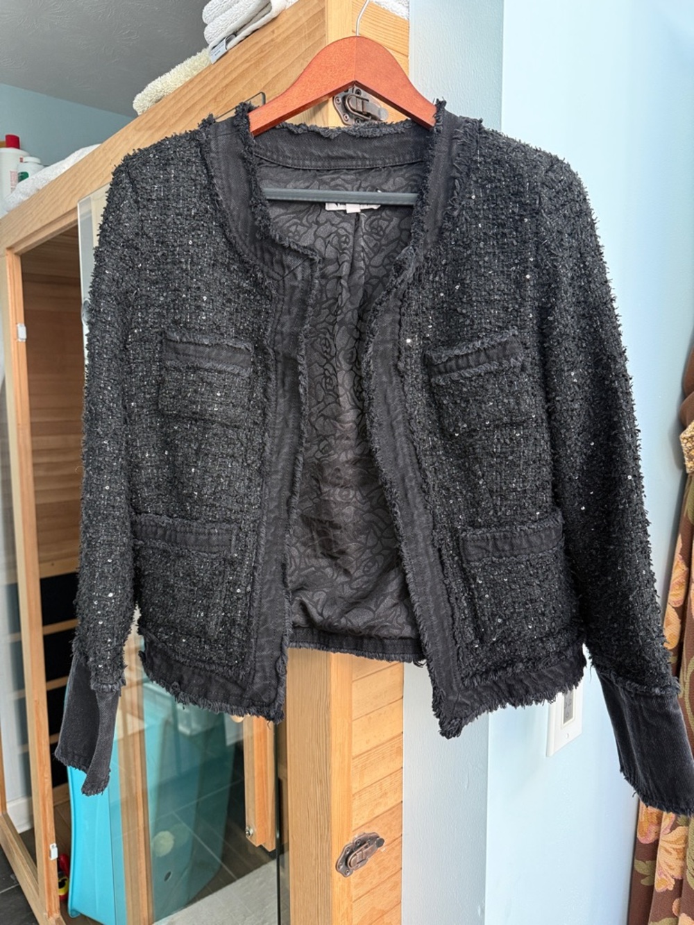 Nanette Lepore Black Tweed Fringe Open-Front Blazer